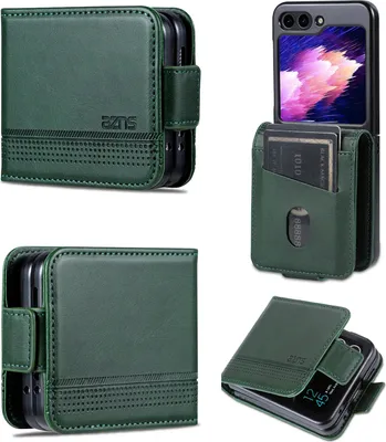 Immagine prodotto di Custodia in pelle per Samsung Galaxy Z Flip6 / Z Flip7 FE, custodia pieghevole a portafoglio con chiusura magnetica e supporto verde