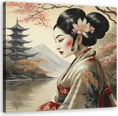 Produktbild von Leinwandbild Japanische Geisha Abstraktion 60x60 Feeby Beige bild für die wand bereit zum aufhängen