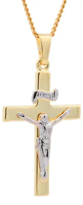 Produktbild von Anhänger Kreuz Korpus   585 Gold  mit vergoldeter Silberkette 38 cm