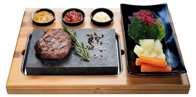 Lavasteen-Steakbord Hot Stone Grill Set mit Bambusbrett, UNO Black