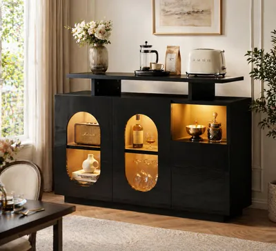 Produktbild von LED Sideboard Schwarz Hochglanz Kommode mit Ovale Glastüren Vitrinenschrank Wohnzimmer Anrichte Höhenverstellbare Regale Modernes Minibar Schrank