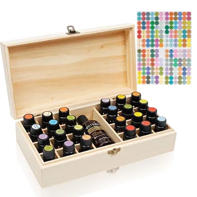 Produktbild von Holzbox für ätherische Öle, 25 Fächer, mit Etiketten für Nagellack, Duftöle und Lippenstift.
