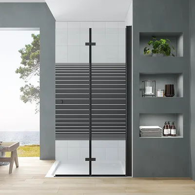 Produktbild von Duschabtrennungen 75 x 187 cm, Faltbare Duschkabine mit schwarzen Querstreifen, Faltwand, 5 mm Sicherheitsglas