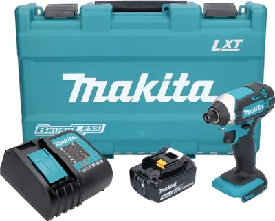 A Makita cordless impact driver kit is displayed on a white background, including the driver, a battery, a charger, and a storage case.