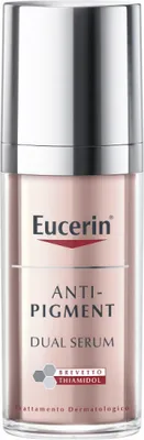 A product shot of a Eucerin Anti-Pigment Dual Serum bottle against a white background.