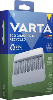 Obrázok produktu pre Nabíjačka batérií VARTA, vrátane 4x AA 2100mAh, nabíjačka batérií pre nabíjateľné batérie AA/AAA, Eco Charger Pro, nabíjanie jedným slotom, puzdro vyrobené zo 75 % recyklovaného materiálu