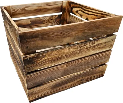 A wooden crate with a burnt finish, shown from a slightly elevated angle against a white background.