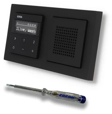 Produktbild von Gira Unterputz IP Internetradio 232003 + Bluetooth Komplett-Set mit Lautsprecher - E2 schwarz matt mit 2fach Rahmen Gira 021209 inkl. EBROM Phasenprüfer zur Montage der Geräte