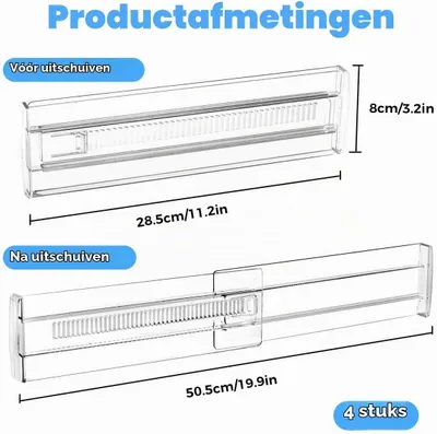 Obrázok produktu pre Nastaviteľné deliče do zásuviek – sada 4 kusov – výška 8 cm – dĺžka 28,5 cm – 50,5 cm