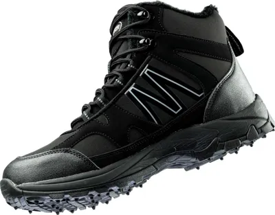 A black winter boot with spikes on the sole.