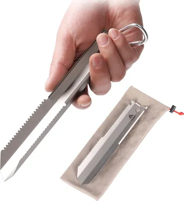 Produktbild von Titanschaufel mit Sägezahn - inklusive Aluminium-Haken - für Gartenarbeit, Camping, Wandern und Rucksackreisen