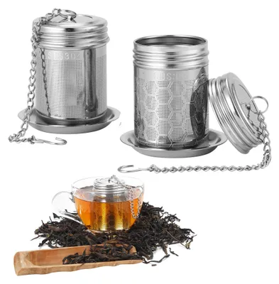 Teesieb für losen Tee, 2 Stück, Edelstahl, mit Kette und Abtropfschale