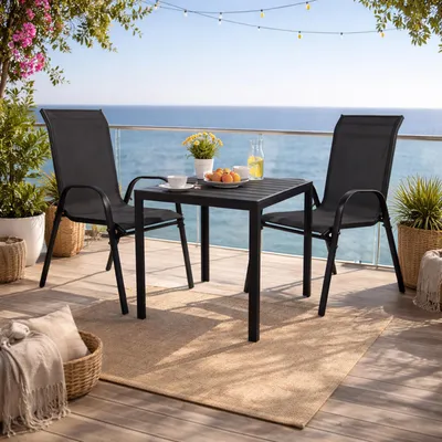 3tlg Gartengarnitur Gartenmöbel Alu Holzimitat 90x90cm Tisch Stapelstuhl Schwarz