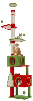 Produktbild von Weihnachts Kratzbaum - Deckenhoher Kletterbaum XL - Höhenverstellbar 231–274 cm - Über 5 Ebenen - Holz mit Sisal-Kratzstämmen - Rot