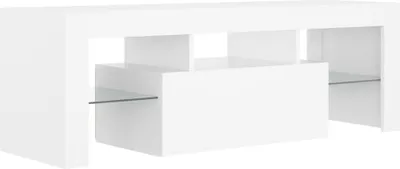 A white, modern TV stand with open shelves and a cabinet.