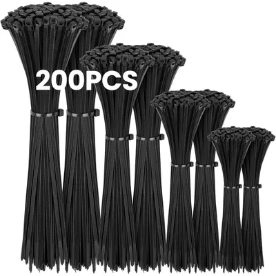 Obrázek produktu pro Sada černých stahovacích pásek, 200 kusů, délky 100/150/200/300 mm, nylonové, samozacelovací