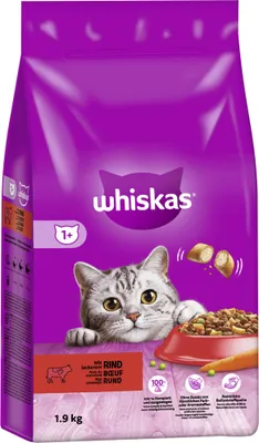 Produktbild von Whiskas Katzenfutter Trockenfutter Adult 1+ mit Rind, 1 Beutel (1 x 1,9kg)