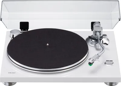 A white Teac TN-3B-SE turntable with a clear dust cover.