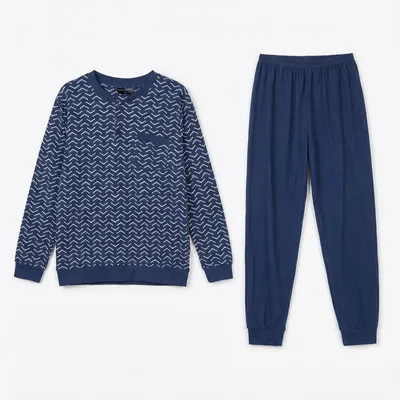 Imagen del producto de GIANVAGLIA 2504 Pijama largo de hombre, parte superior estampada con bolsillo, pantalón con puños, azul, talla 3XL