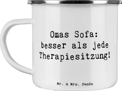 Produktbild von Mr. & Mrs. Panda Emaille Becher Spruch Oma Sofa - Weiß - Geschenk, Haferl, Pott, Liebe, Teetasse, Omi, Handarbeit, Familie, Zuflucht, Tasse, Großmutter, Verwandte