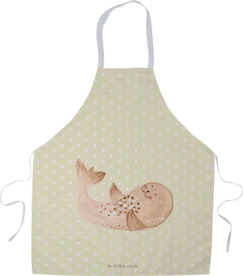 Produktbild von Mr. & Mrs. Panda Schürze Robbe Liegen - Gelb Pastell - Geschenk, Küchenzubehör, Strand, Seehund, Backschürze, Kochschürze, Ostsee, Küchenschürze, Lachen, Lustige Sprüche