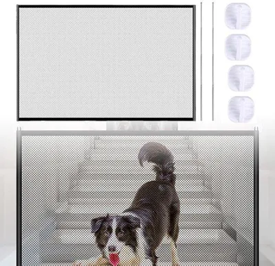 Obrázok produktu pre Unyqoos® Čierna bezpečnostná sieťka pre psov a deti, 110 x 72 cm, vyrobená z odolného nylonu, bez potreby vŕtania, s lepiacimi háčikmi, skladacia, vhodná pre dvere a schody
