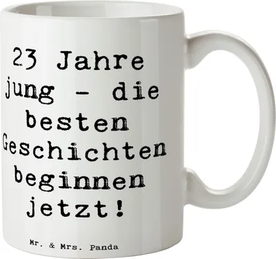 Produktbild von Mr. & Mrs. Panda Tasse Spruch 23. Geburtstag Geschichten - Weiß - Geschenk, Happy Birthday, Kaffeetasse, Abenteuer, spezieller Tag, Freundschaft, für kaffee, Glückwünsche