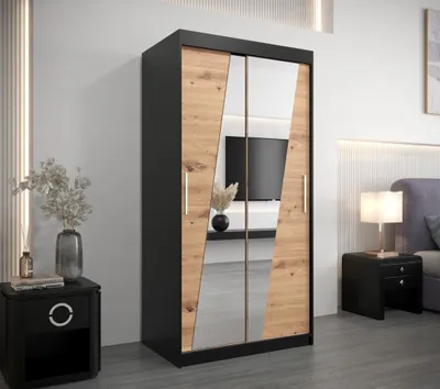 Produktbild von Kleiderschrank mit Spiegeln ERIKA – Breite 100 cm, schwarz / Eiche artisan