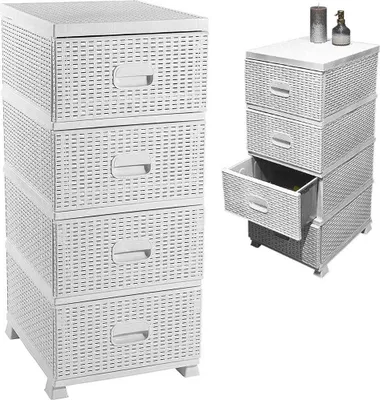Produktbild von SCHRANK, Truhe, Bücherregal, 4 Schubladen, für Badezimmer, Wohnzimmer, Rattan, weiße Farbe