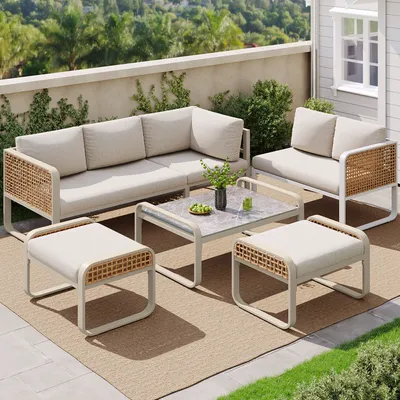 Produktbild von MODFU Zahradní lounge set zahradní nábytek, relaxační křeslo balkonový nábytkový set, rohová pohovka ratan s pozinkovaným železným rámem, nastavitelné nohy, béžová
