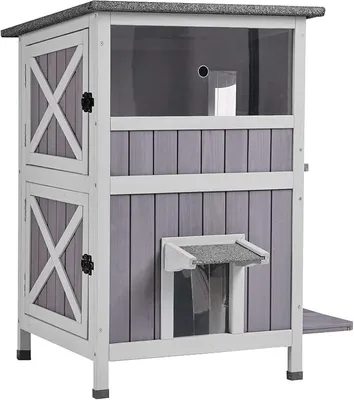 Imagen del producto de Casa para gatos de madera, de dos pisos, para exteriores, apta para interiores, con puerta de escape