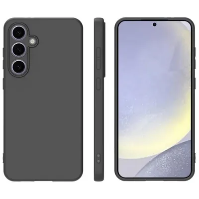 A dark gray silicone TPU phone case is shown from three angles: back, side, and front with a screen.