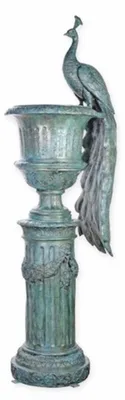 Produktbild von Casa Padrino Barock Garten Deko Bronze Blumenvase mit Säule und Pfau Antik Türkis H. 238 cm