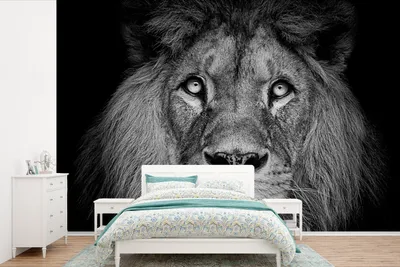 Produktbild von MuchoWow® Fototapete für Wohnzimmer oder Schlafzimmer Wandtapete Vinyl Motivtapete Löwe - Porträt - Schwarz - Weiß - 525x350 cm - Das Hintergrundbild