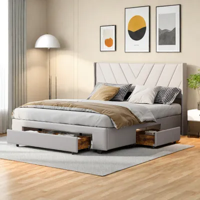 Zdjęcie produktu dla Miękkie łóżko ProximaX z 3 szufladami pod łóżkiem, praktyczna przestrzeń do przechowywania, 140×200 cm, beżowa tkanina, przytulny wypoczynek