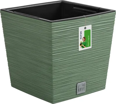 A green square planter pot with a textured surface, shown on a white background. A product tag is attached to the side.