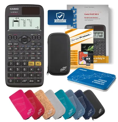 Produktbild von Casio FX-87 DE X Taschenrechner Tasche schwarz, Folie, Fachbuch & Zirkel Set