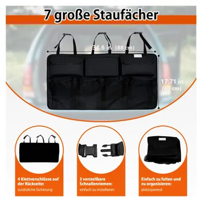 Produktbild von Kofferraum Organizer für Autos, multifunktionale Aufbewahrungstasche mit Netztaschen, schwarze Kofferraumtasche
