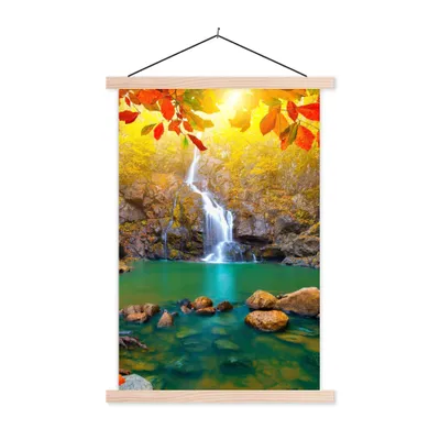 Produktbild von MuchoWow® Textilposter Steine - Baum - Wasserfall - Herbst - Rot 60x90 cm mit holzfarbenen Rahmen - Textil