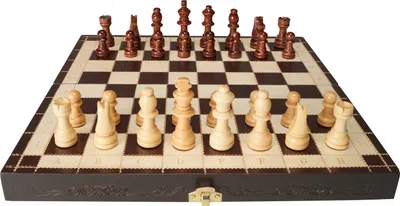 A wooden chess set with pieces arranged on the board, presented on a white background.