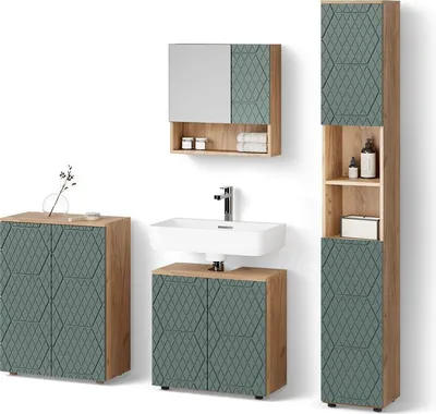Immagine prodotto di Set mobili bagno Livinity Ronco Quercia verde/oro 4 pezzi, con colonna e cassettiera, Model 52930