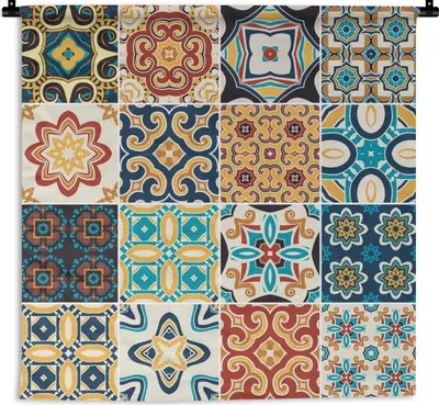 Produktbild von MuchoWow® Wandteppich Wandbehang Blumen - Vintage - Muster - Blau - Orange 120x120 cm Tapisserie Dekoration Wandtuch - Modern - Baumwollgewebe
