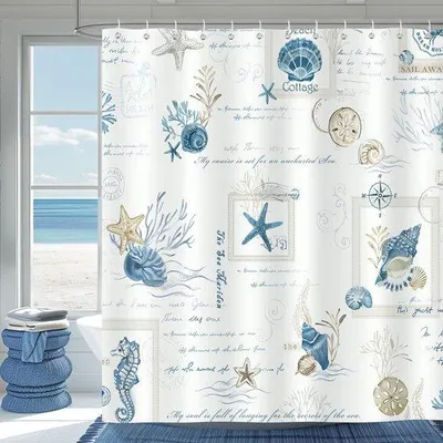 Productafbeelding van Unyqoos® Douchegordijn, marineblauw met zeesterren, zeepaardjes en schelpen, 180 x 180 cm, 100% polyester, waterdicht en schimmelwerend, inclusief 12 plastic haken