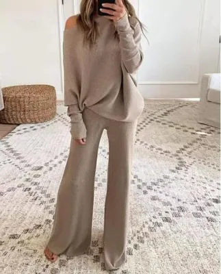 Produktbild von Amazon AliExpress Europäische und amerikanische Kleidung 2021 Frühling und Herbst, lässig, einfarbig, One-Shoulder-Damen-Strickanzug, Khaki, L