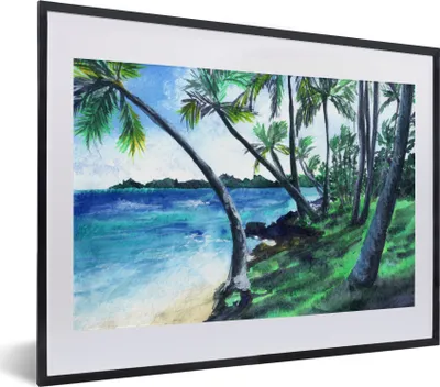 Produktbild von MuchoWow® MuchoWow® Gerahmtes Poster Aquarell - Strand - Palme 40x30 cm - Poster mit zchwarzem Bilderrahmen - Bilderrahmen - Poster im Rahmen