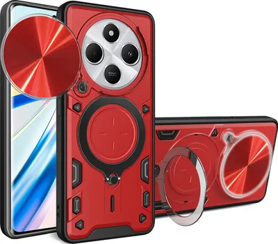 Immagine prodotto di Custodia per Xiaomi Redmi 14C custodia resistente a doppio strato con copertura della fotocamera e supporto ad anello Rosso