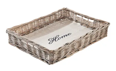 Produktbild von Kobolo Tablett Serviertablett Dekotablett eckig - Weide - grau - mit naturfarbenen Textil ausgelegt - Holztablett Deko klassisch Frühstück Garten Home