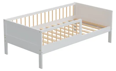 Produktbild von HAGO24 Kinderbett 160x80cm Weiß/Natur Holzbett Einzelbett Lattenrost Rausfallschutz Kiefernholz Kleinkind Beistellbett