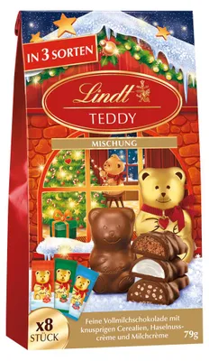 Zdjęcie produktu dla Lindt Teddy, czekolada 2D, nadziewana mieszanką, opakowanie 79g