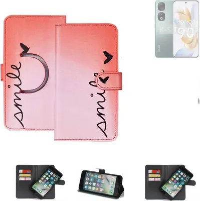 Produktbild von K-S-Trade Schutzhülle Handyhülle kompatibel mit Honor 90 Pro Hülle cover bookstyle Etui ''smile'' rot Standfunktion Kameraschutz (1Stk)